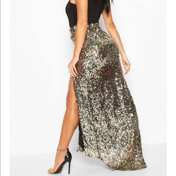 🆕Gold sequin maxi skirt w/slit&train elasticwaist - Picture 2 of 4